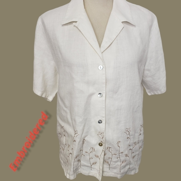 Studio Works Linen Capri Pant and Shirt Set PL Ivory and Taupe EUC - Picture 3 of 16